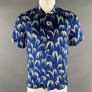 SANDRO Size L Blue White Leaves Rayon Camp Short Sleeve Shirt